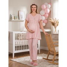 Lohussa Yeni Sezon Pembe Şık Dantel Detaylı Tasarım Kolay Emzirme Özellikli Yazlık Hamile Lohusa Pijama Takımı