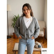 Lento Desing Premium El Örgüsü V Yaka Hırka | %100 Pamuk - Saf Gri