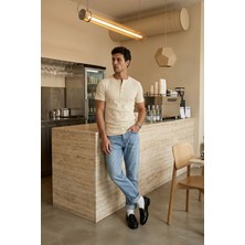 Livio Ferri Liiri %100 Pamuk Premium Fitilli Henley Yaka Yarım Düğmeli Erkek Tişört Regular Fit Basic Yazlık Tişört