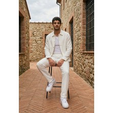 Livio Ferri Talbot Premium Keten Desenli Düğmeli Ceket Pantolon Erkek Takım Relax Kalıp