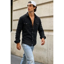 Tarz Cool Erkek Slim Fit Siyah Kot Gömlek Çıtçıt Düğmeli Uzun Kollu Denim Gömlek