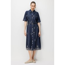 Modailgi Kısa Kol Nakışlı Denim Beli Kemerli Elbise Lacivert 60130