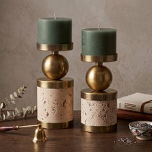 Lussart Collection Lena Natural Traverten Eskitme Metal Detaylı 2li Set Şamdan/mumluk