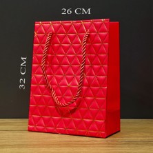 Mabelme Store Kırmızı Geometrik Desenli Büyük Boy Karton Hediye Çantası