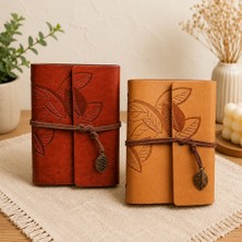 Ozkr Store Yaprak Desenli Retro Deri Defter - Vintage Ajanda