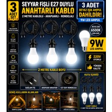 Econa 3 Adet Seyyar Fişli E27 Duylu Anahtarlı Kablo Seti + 3 Adet 9W LED Beyaz Işık Ampul Dahil | 2 Metre Siyah Arapuarlı Rondelalı Kablo Abajur, Avize, Kamp ve Dekoratif Aydınlatma