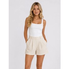 Sibel Günay Butik Natur Krem Keten Viskon Kısa Şort Cepli Spor Şık Kadın Yazlık Şort