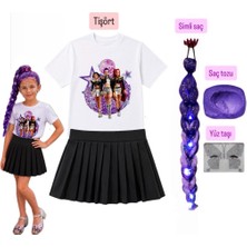 Bemora Kids Kız Çocuk Kpop Baskılı Huntrix Iblis Avcıları Baskılı Tişört + Siyah Şort Etek +Rumi Mor Simli Saç +Yüz Taşı+Saç Tozu Set Parti Doğum Günü Kız Çocuk Giyim