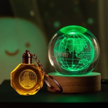 Mabelme Store Dünya Tasarımlı Işıklı Cam Küre - Renk Değiştiren - Ahşap Standlı - Kristal Anahtarlık Seti