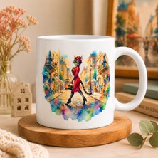 Bkc Ticaret Şık Kedi Kadın Tasarımlı Seramik Kupa Bardak 300 ml | Çift Taraflı Baskı | Kedi Severlere Özel Kahve Kupası | Watercolor Sanat Tasarımı