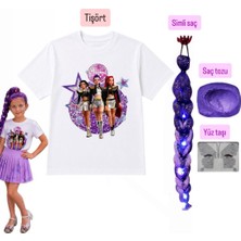 Bemora Kids Kpop Baskılı Huntrix Iblis Avcıları Baskılı Tişört + Rumi Mor Simli Saç +Yüz Taşı+Saç Tozu Set Parti Doğum Günü Kız Çocuk Giyim
