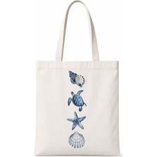 Print Copy Center Deniz Kabuğu ve Deniz Kaplumbağası Baskılı Bez Çanta - Minimal Kanvas Tote Bag Kalın Kumaş