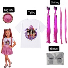 Bemora Kids Kpop Baskılı Tişört T-Shirt + Pembe Mira Simli Saç + Yüz Taşı + Pembe Saç Tozu 4 Lü Set Doğum Günü Parti