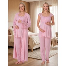 Lohussa Yeni Sezon Pembe Dantel Detaylı Düğmeli Tasarım Geniş Askılı %100 Pamuk Hamile Lohusa Sabahlık Pijama Takımı 3'lü Set