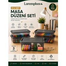 Lorempbox 5’li 3 L Masa Düzeni Saklama Kutusu Seti | Kilitli Kapaklı, Şeffaf Düzenleyici Kutu, Kırtasiye ve Hobi Organizeri