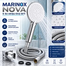 Marinox Nova 5 Fonksiyonlu Duş Seti 150 cm Spiral Hortumlu Krom El Duşu Seti Kare Mafsallı