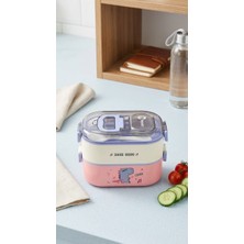 Alpa Store Fixpoint 1100 ml Double Lunch Box Paslanmaz Çelik 2 Katlı Beslenme Yemek Kabı Çatal Kaşık Yemek Kutusu Sefer Tası