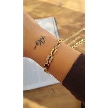Xuping Jewelry Kuyumcu Işçiliğinde Hazırlanmış Zirkon Detaylı Geometrik Gold Kadın Çelik Bileklik