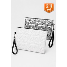 Adelina Bags 2'li Çanta Paketi Yıldız Desenli Portföy El Çantası Bilek Askılı Clutch Çanta