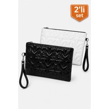 Adelina Bags 2'li Çanta Paketi Yıldız Desenli Portföy El Çantası Bilek Askılı Clutch Çanta