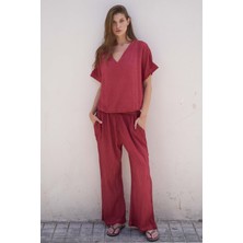 İkikız Pamuklu Bordo Palazzo Pantolon L-Xl