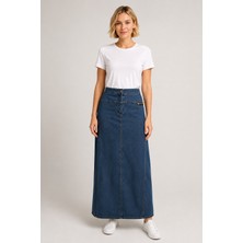 Bihan Store Yüksek Bel Fermuar Detaylı Denim Maxi Etek 7510-MAVI