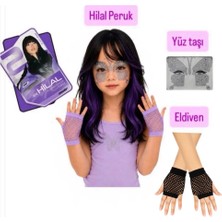 Bemora Kids Manifest Hilal Aksesuar Seti Manifest Hilal Peruk Mor-Siyah Saç + Yüz Taşı + Eldiven Parti Konser Doğum Günü