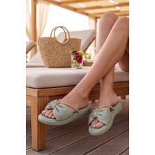 Liarca Glimmer Slipper Fiyonklu Taşlı Kadın Terlik - Büzgülü Yastık Tabanlı Hafif Günlük Yazlık Su Yeşil Kadın Terlik