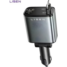 Lisen 75W 4in1 Çekilebilir Araç Şarj Cihazı – Type-C ve Lightning Hızlı Şarj Beyaz