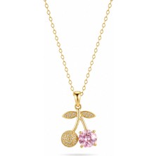 Serelya 316L Çelik Zincir Gold Renk Pembe Kiraz Model Kolye
