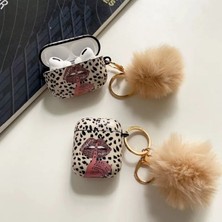 Zebana Zb-Ap2 Airpods 1/2 Nesil Uyumlu Leopar Desenli Ponpon Kılıf (Ponpon Aksesuar Dahil) Siyah