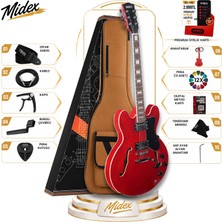Midex Vintage Jazz-Rd Profesyonel Hollowbody Caz Kasa Hh Akustik Elektro Gitar Seti Kırmızı