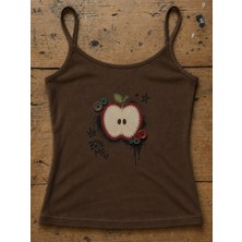 Moonstyle Collection Apple Bite Me Kahverengi Street Harajuku Street Y2K Vintage Düğme Baskılı Askılı Tam Boy Bluz