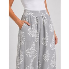 Moda Rüyası Kadın Şal Desenli Keten Şalvar Pantolon Yüksek Bel Rahat Kesim Bilek Lastikli Günlük Pantolon