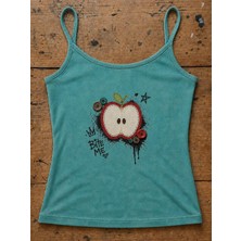 Moonstyle Collection Apple Bite Me Turkuaz Street Harajuku Street Y2K Vintage Düğme Baskılı Askılı Tam Boy Bluz