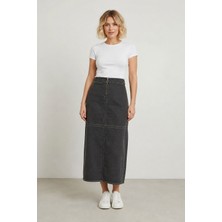Bihan Store Önü Fermuarlı Yüksek Bel Denim Maxi Etek Y25-7581-FÜME