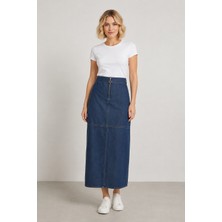 Bihan Store Önü Fermuarlı Yüksek Bel Denim Maxi Etek Y25-7581-MAVI