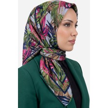 Hadiora Kadın Yeşil Mavi Tropikal Yaprak Desenli Dikişli Yazma Pamuklu Tülbent Eşarp