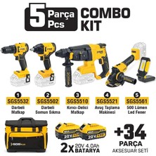 Sgs SGS5451 5 Parça Profesyonel Akülü Combo Set – Darbeli Matkap, Kırıcı Delici, Avuç Taşlama, Somun Sıkma ve LED Fener Seti