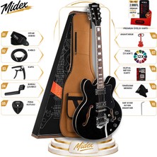 Midex Vintage Jazz-Bk Profesyonel Hollowbody Caz Kasa Hh Akustik Elektro Gitar Seti Siyah