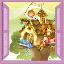 Zemira Çocuk Odası Bebek Odası Pencere Poster Duvar Kağıdı Kuş Evi