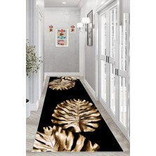 Zemira Pelangi Gold Yaprak Desenli Dijital Baskı Yıkanabilir Kaymaz Taban Salon Halısı Yolluk, Siyah 40