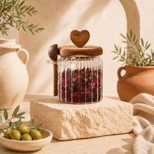 Zemira 460 ml Kulplu Kaşıklı Cam Kavanoz Akasya Ahşap Kapaklı Baharat Çay Kuruyemiş Saklama Kabı