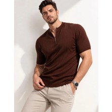 İkales Ikales Erkek Kısa Kol Fitilli Triko T-Shirt Yazlık Hakim Yaka Tişört - Kahverengi