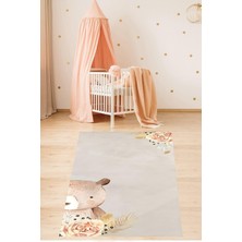 Zemira Pelangi Ayıcık Gül Buketi Desenli Yıkanabilir Kaymaz Taban Tutmaz Çocuk Odası Halısık, Gri-