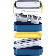 1400ML Lunchbox Iki Katlı 2 Bölmeli Çelik Sefer Tası Yemek Kutusu (Lacivert-Sarı)