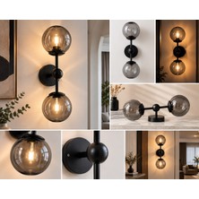 Adivo Store Modern Füme Cam Çift Küre Duvar Apliği Siyah Metal Gövdeli E27 Dekoratif Iç Mekan Aydınlatma Tekli