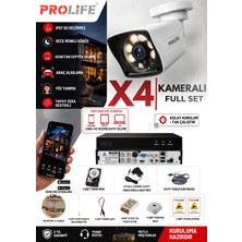 Prolife 4 Kameralı Full Set 1080P Full Hd Gece Renkli Görüş Güvenlik Kamerası 2 Yıl Garantili Su Geçirmez