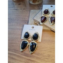 Jewelry Siyah Taşlı Gold Çerçeve Tasarım Kadın Çelik Küpe
