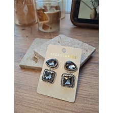 Accesorios Siyah Taşlı Geometrik Çift Figür Tasarım Kadın Çelik Küpe